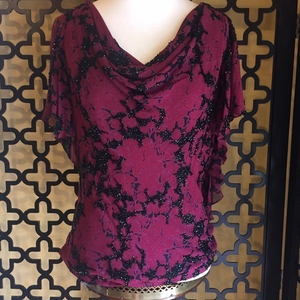 BURGUNDY‎ AND BLACK 100% SILK  BEADED  BLOUSE VINTAGE